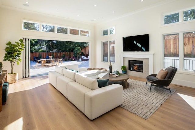 living room with crown molding, light hardwood / wood-style flooring, a healthy amount of sunlight, and a high ceiling