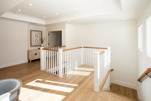 hall featuring ornamental molding, a raised ceiling, and light wood-type flooring