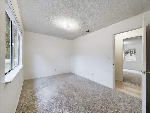 spare room with light colored carpet and a textured ceiling