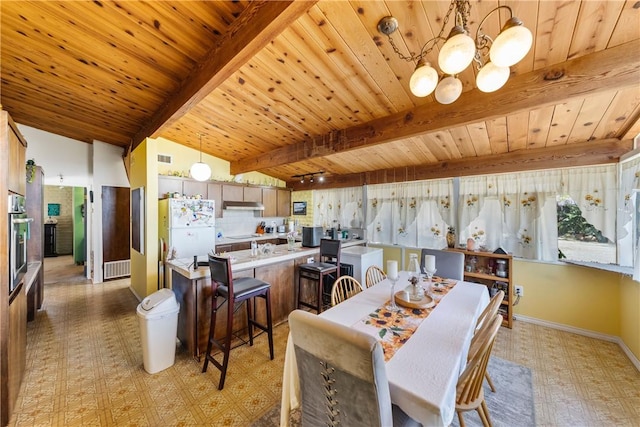 dining area featuring vaulted ceiling with beams, wood ceiling, and a chandelier