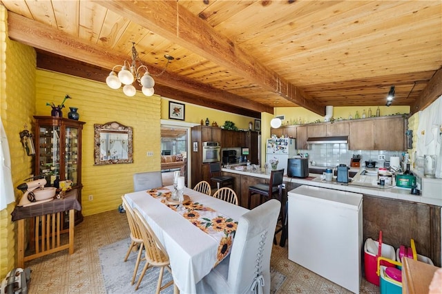 dining area featuring wooden ceiling, a notable chandelier, and beam ceiling