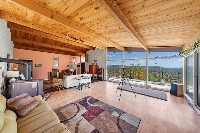 living room featuring vaulted ceiling with beams, light hardwood / wood-style floors, a mountain view, wooden ceiling, and a wood stove