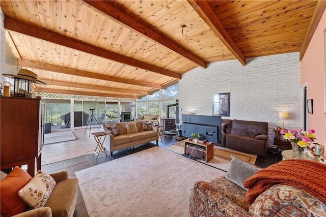 living room featuring wood ceiling, lofted ceiling with beams, and a wood stove