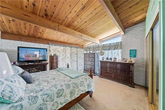 bedroom with vaulted ceiling with beams, light colored carpet, and wooden ceiling