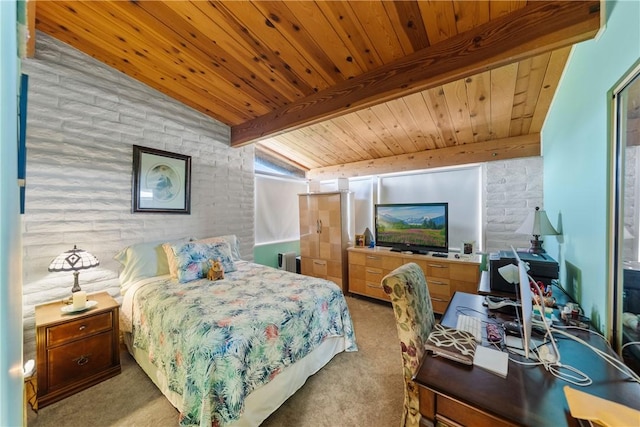 bedroom with vaulted ceiling with beams, light colored carpet, and wooden ceiling