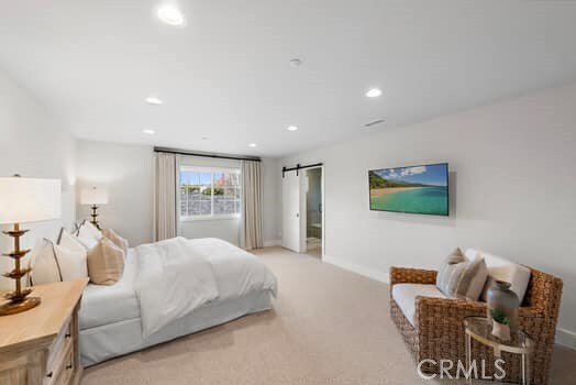 carpeted bedroom with a barn door