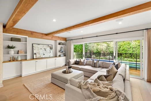 living room featuring beamed ceiling, a healthy amount of sunlight, and light hardwood / wood-style flooring