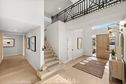 foyer with light hardwood / wood-style floors and a high ceiling