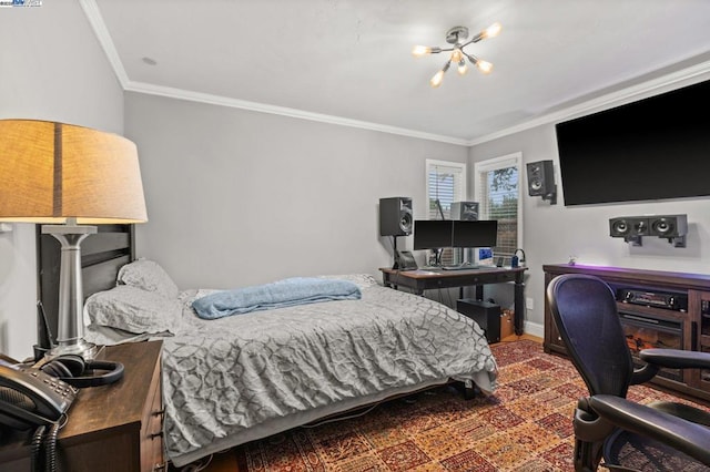 bedroom with crown molding and a chandelier