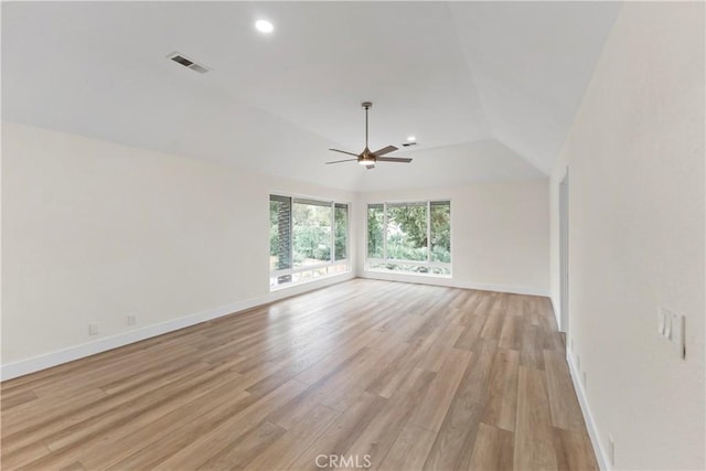 6054 N Woodson Ave, Fresno, CA 93711 - unfurnished room featuring baseboards, visible vents, lofted ceiling, ceiling fan, and light wood-type flooring
