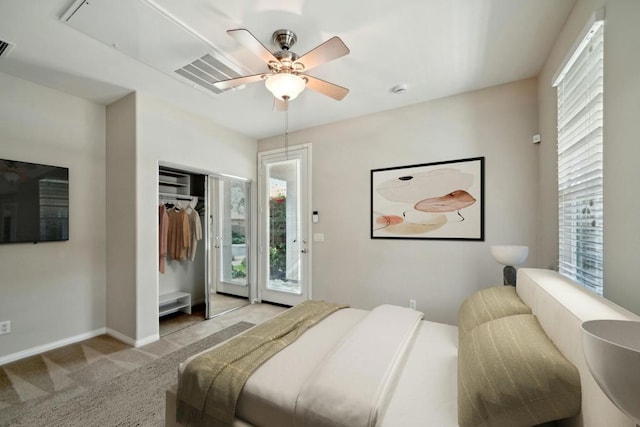 bedroom featuring light carpet, access to outside, and ceiling fan