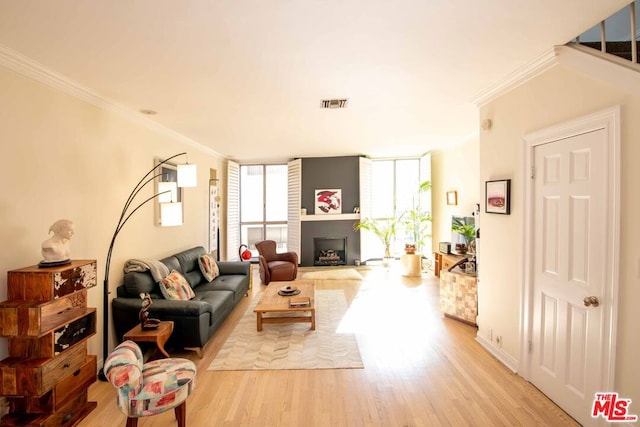 living room with ornamental molding, floor to ceiling windows, and light hardwood / wood-style floors