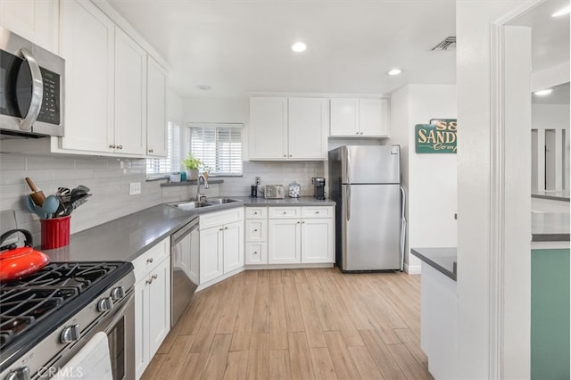 kitchen featuring appliances with stainless steel finishes, white cabinetry, sink, backsplash, and light hardwood / wood-style flooring