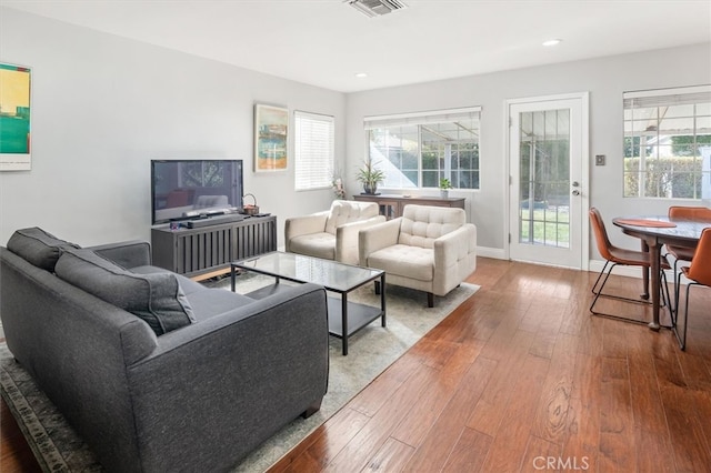 living room with hardwood / wood-style flooring and a wealth of natural light