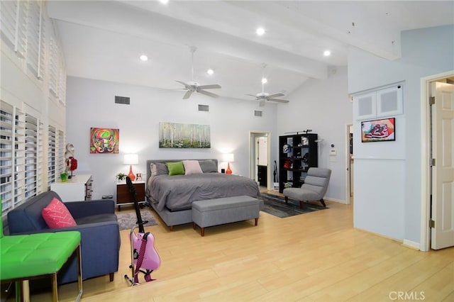 bedroom featuring beamed ceiling, ceiling fan, high vaulted ceiling, and light hardwood / wood-style floors