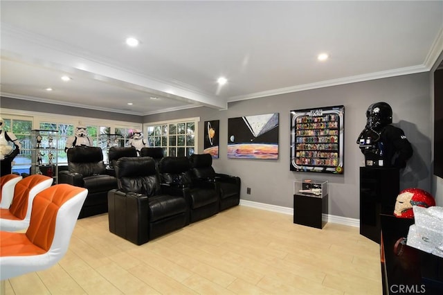 home theater with crown molding and light hardwood / wood-style flooring