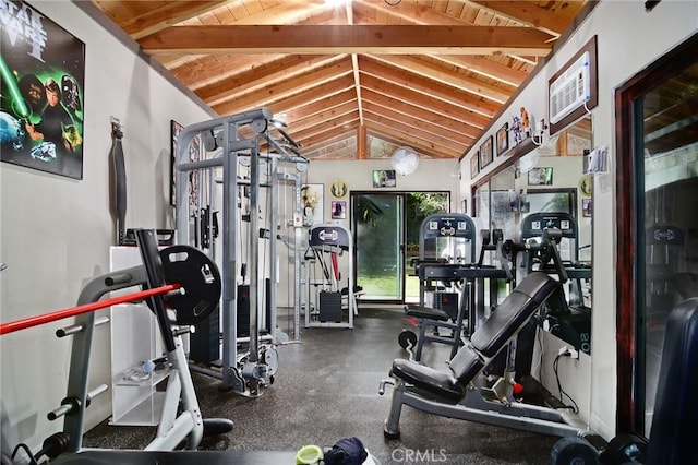 gym with lofted ceiling and wood ceiling