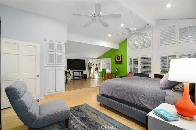 bedroom featuring high vaulted ceiling, beam ceiling, and light hardwood / wood-style floors