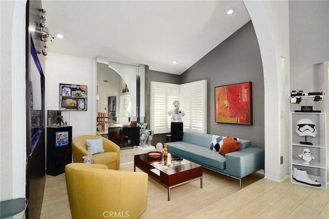 living room featuring lofted ceiling and light wood-type flooring