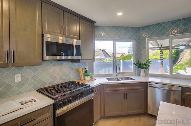 kitchen with stainless steel appliances, sink, backsplash, and light hardwood / wood-style flooring