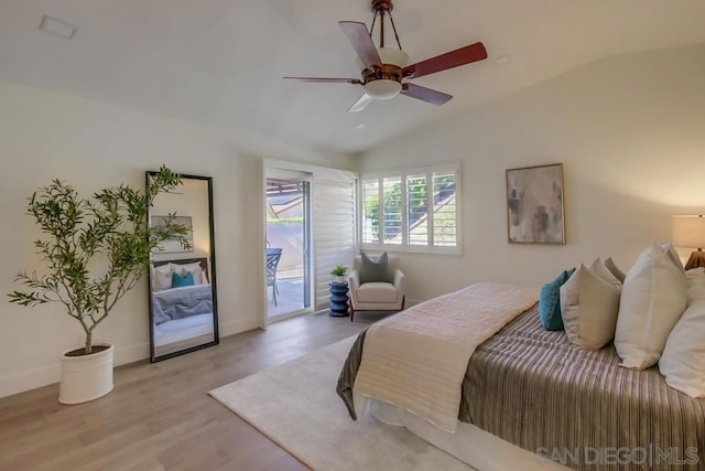 bedroom with lofted ceiling, access to exterior, ceiling fan, and light hardwood / wood-style flooring