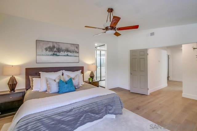 bedroom featuring ceiling fan and light wood-type flooring