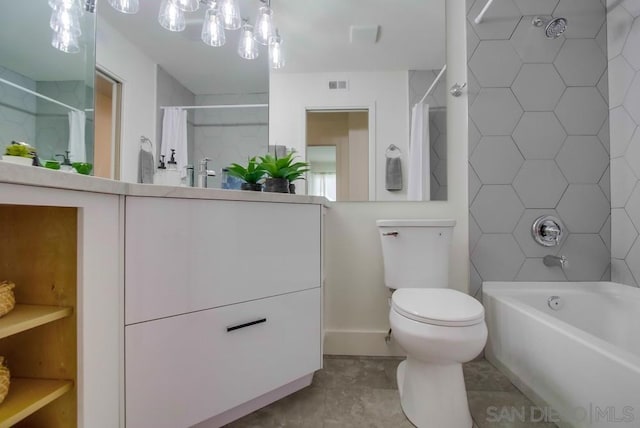 full bathroom with vanity, shower / bath combination with curtain, and toilet