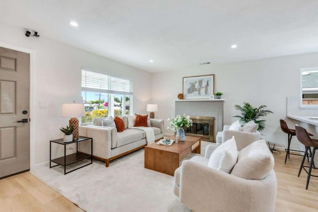 living room with a healthy amount of sunlight, a fireplace, and light wood-type flooring