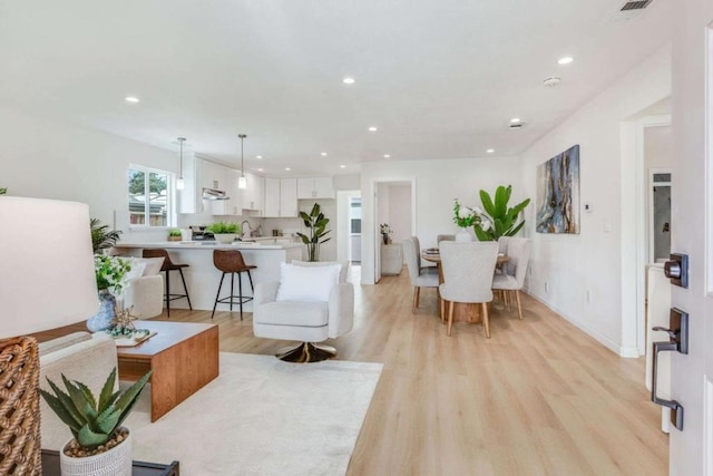 living room featuring sink and light hardwood / wood-style flooring