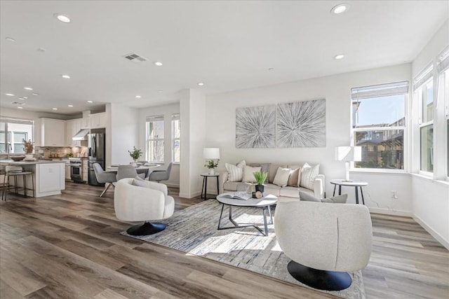 living room with a healthy amount of sunlight, sink, and light wood-type flooring