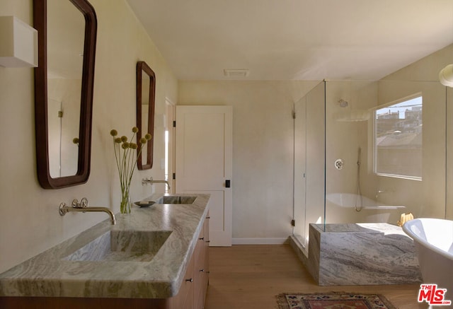 bathroom with vanity, hardwood / wood-style floors, and a shower with door