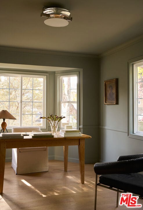 dining room with crown molding and light hardwood / wood-style floors