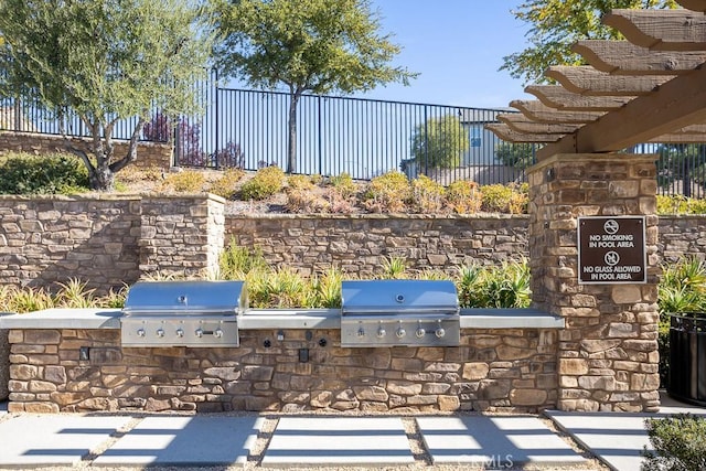 view of patio / terrace featuring area for grilling, grilling area, and a pergola