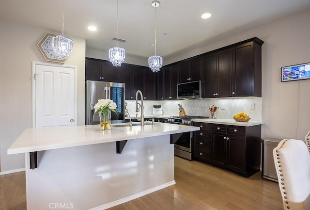 kitchen featuring stainless steel appliances, a center island with sink, a kitchen breakfast bar, and decorative light fixtures