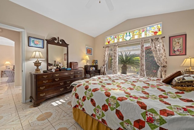 bedroom with lofted ceiling, access to outside, and ceiling fan