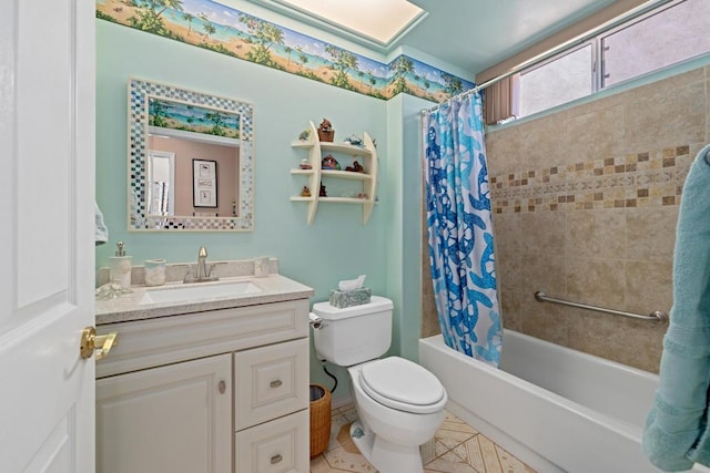 full bathroom featuring tile patterned flooring, vanity, shower / bath combination with curtain, and toilet