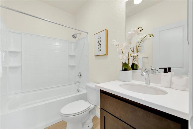 full bathroom with vanity,  shower combination, and toilet