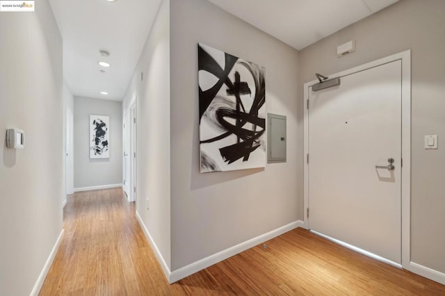 corridor featuring electric panel and light hardwood / wood-style floors