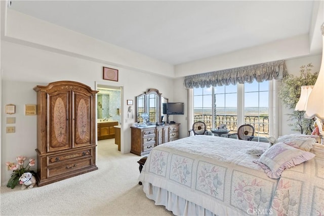 bedroom featuring light carpet