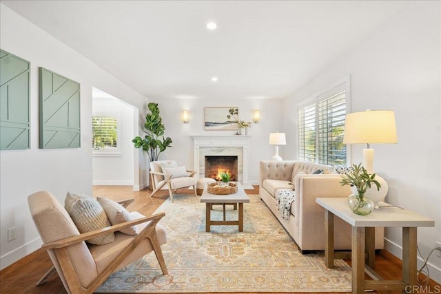 living room with a premium fireplace and light wood-type flooring