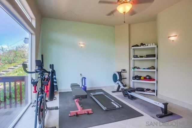 exercise room featuring ceiling fan