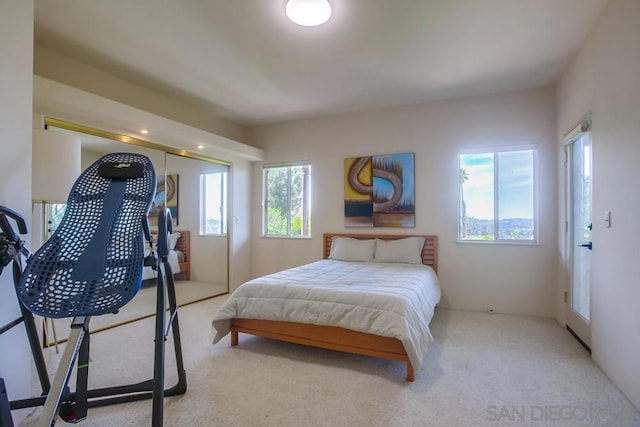 bedroom featuring light colored carpet and a closet