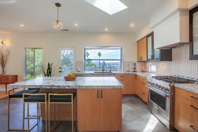 kitchen featuring sink, stainless steel range, custom range hood, a kitchen island, and decorative backsplash