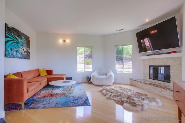 living room featuring wood-type flooring, a fireplace, and a wealth of natural light