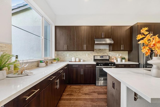 kitchen with dark brown cabinets, stainless steel gas range oven, and decorative backsplash