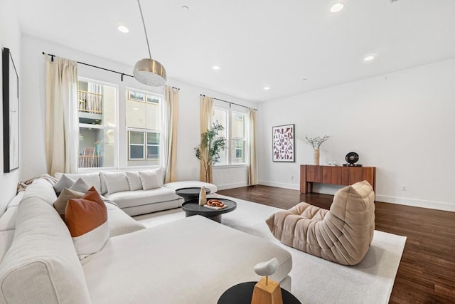 living room with dark hardwood / wood-style floors