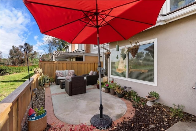 view of patio / terrace featuring an outdoor living space and a pergola