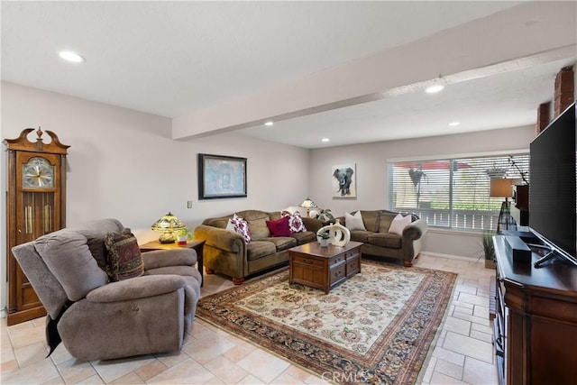 living room with recessed lighting, beamed ceiling, and baseboards