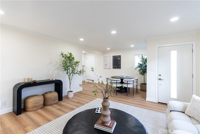 living room with ornamental molding and light hardwood / wood-style flooring