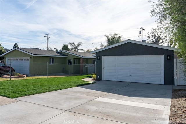 ranch-style home with a garage and a front lawn